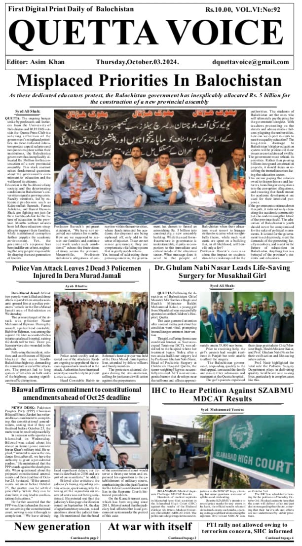 Daily Quetta Voice Latest, Updates, News: October 3, 2024