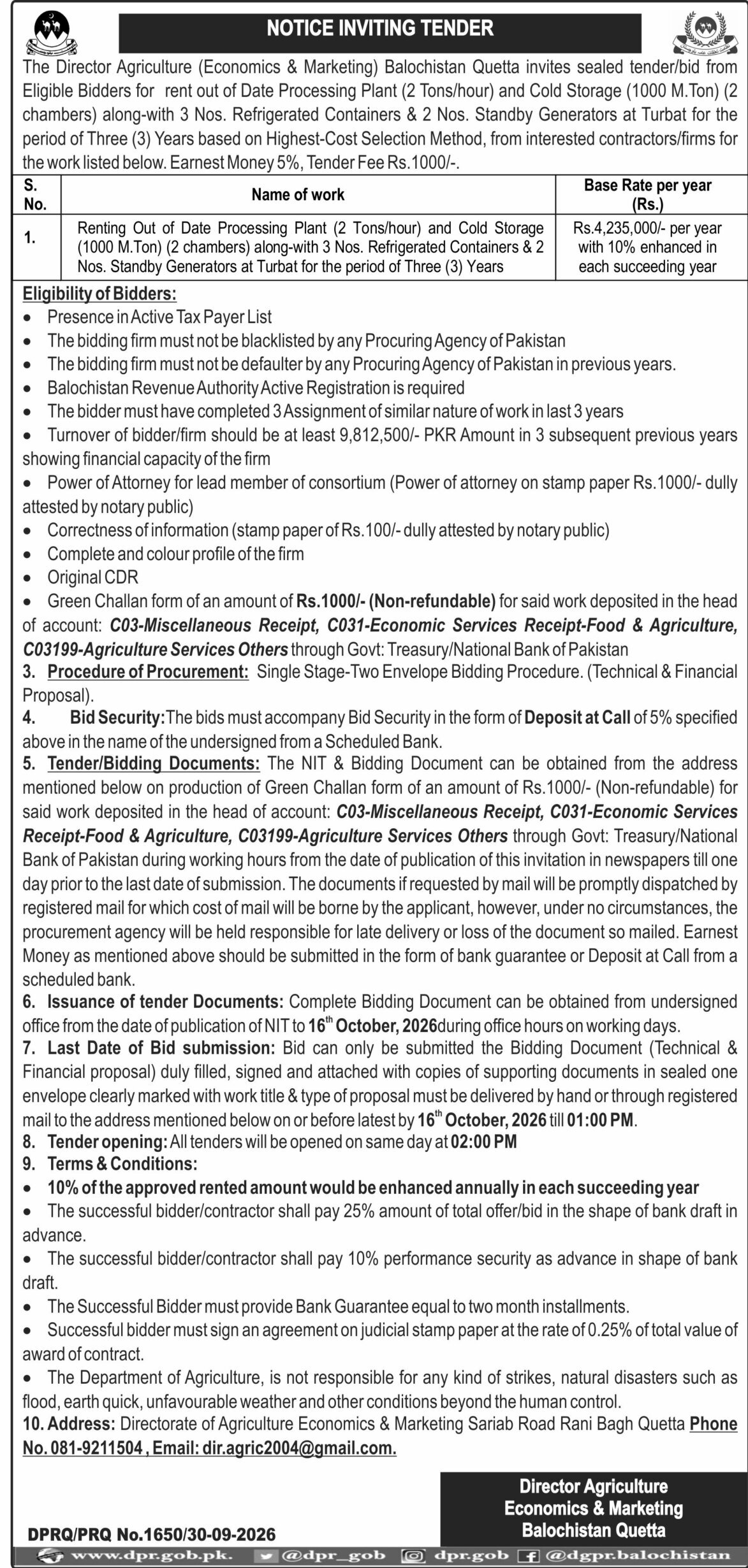 Government of Balochistan Tenders and Jobs, October – 01 – 2026 Government of Balochistan Tenders and Jobs, October – 01 – 2026